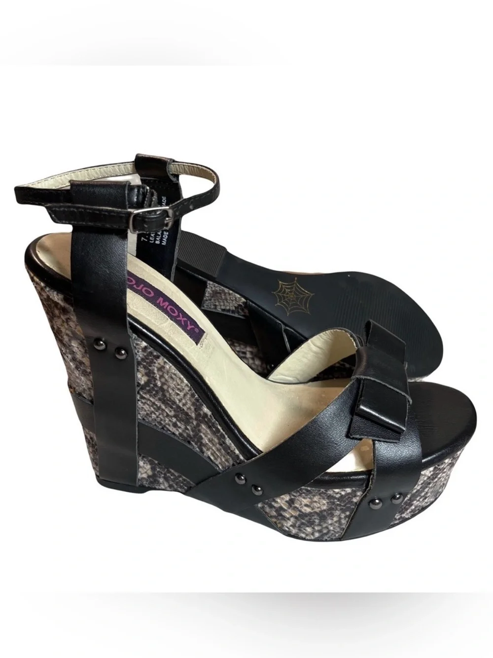 Mojo Moxy Sonny Python Snake Print Wedge Sandals Black Leather Bow Womens 7.5